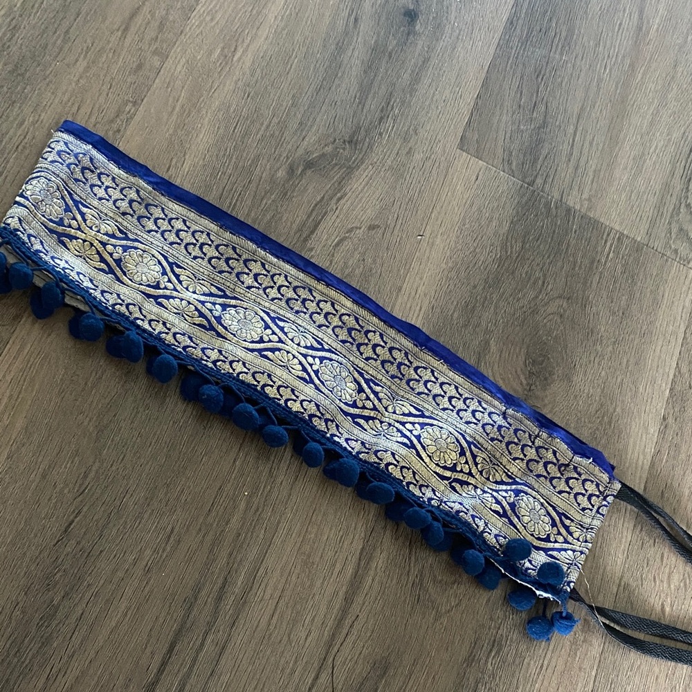 Tribal gypsy belly dance Blue and Silver Embroidered Belt with Tassels sari silk